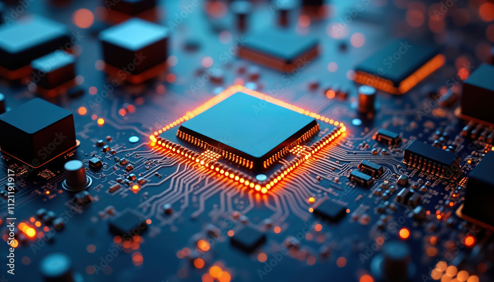 Poster Close-up view of modern computer circuit board. Central processing unit microchip highlighted with orange light. Complex network of electronic components. Futuristic tech concept. Integrated circuit