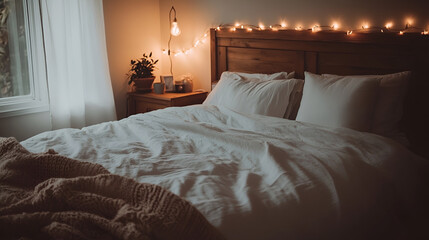 A bedroom with plush bedding and soft lighting,Light bedroom cozy interior  relax and healthy rest concept. Home interior. , Luxury bedroom interior 
