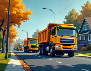 Obraz premium Yellow dump trucks drive down residential street. Many trucks following one leader. Houses line both sides of road. Autumn colors visible on trees along street. Scene seems calm, typical. Daytime