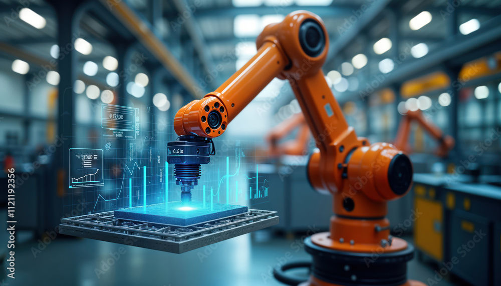 Leinwandbilder Advanced robotic arm operates in modern smart factory. Data analytics, performance metrics displayed digitally. Industrial automation illustrated. Robotic arm precisely manipulates object. High-tech