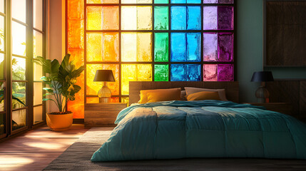 Bedroom interior with colorful wall , beautiful girls bedroom modern design beautiful bed sheet and colorful window glass , Stylish spotless interiors with bright accents
