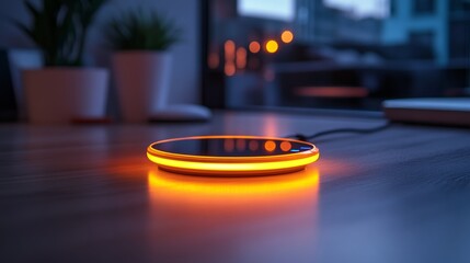 Obraz premium A glowing wireless charger on a wooden surface, connected to a power source.