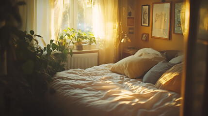 bed with morning sunlight streaming through curtains, modern design room , A bed is positioned in a bedroom beside a window, with sunlight streaming through onto the bedding

