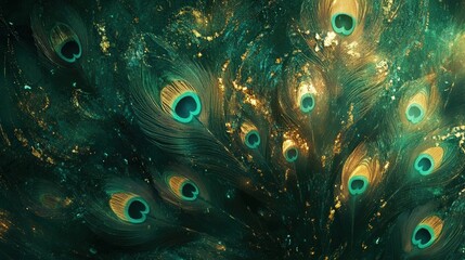 peacock feathers, each plume glistening in rich hues of emerald, gold, and turquoise.