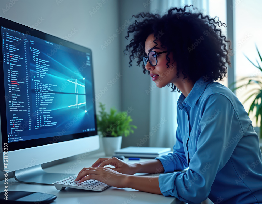 Aufkleber focused young woman sits at desk typing on keyboard. computer monitor displays blue screen with codi