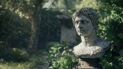 Obraz premium A solitary Roman bust, cracked and eroded by time, set in a tranquil garden surrounded by lush greenery, captured in ultra-high 4K detail