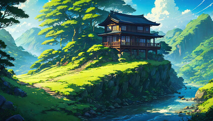 Calming place for relaxing. Japanese cartoon or anime Illustration Painting style. Landscape Beautiful Wallpaper