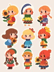 Cheerful Cartoon Girl Stickers: A Diverse Hair and Costume Collection