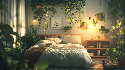bed with morning sunlight streaming through curtains, modern design room , A bed is positioned in a bedroom beside a window, with sunlight streaming through onto the bedding
