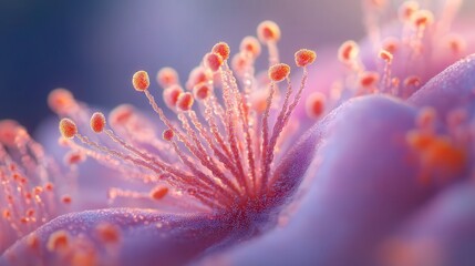 flower stamens, emphasizing the fine details of the pollen and filament structures in crystal-clear focus, surrounded by soft pastel petals