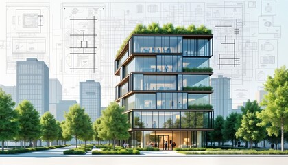 Eco friendly modern building design concept. Architectural blueprints with green building practices. Cityscape with green spaces. Sustainable construction planning digital illustration. Office