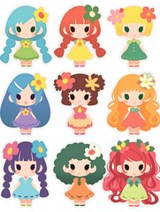 Naklejka premium Cheerful Cartoon Girl Stickers: A Diverse Hair and Costume Collection