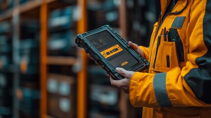 A worker in a yellow jacket uses a tablet in a warehouse setting.