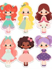 Cheerful Cartoon Girl Stickers: A Diverse Hair and Costume Collection