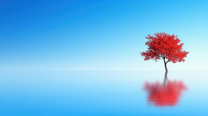 Isolated Red Tree Against a Clear Blue Sky Reflected in Water