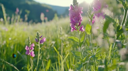 Obraz premium Beautiful wildflowers blooming in a sunny green meadow landscape