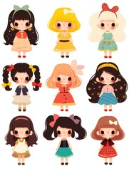 Cheerful Cartoon Girl Stickers: A Diverse Hair and Costume Collection