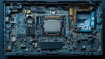 Fototapeta premium Close-up view of a laptop's internal circuit board showcasing electronic components and layout.