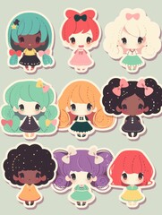 Cheerful Cartoon Girl Stickers: A Diverse Hair and Costume Collection