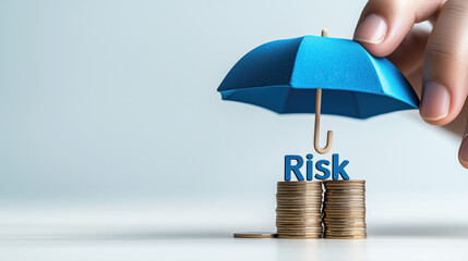 A blue umbrella held over stacked coins labeled "Risk," symbolizing protection against financial uncertainty. Perfect for finance or investment themes.  