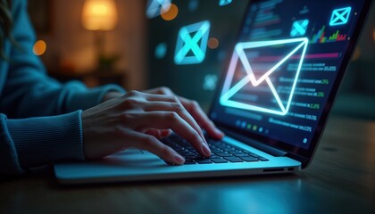 Obraz premium Person types on laptop for email marketing. Email icon on screen. Direct selling project. Focus on online marketing tech tools. Concept of email list creation. Notification alert shown. Potential for