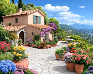 Fototapeta premium Mediterranean Villa Dream: A picturesque villa nestled on a hillside, surrounded by vibrant flowers and breathtaking mountain views. The idyllic setting evokes tranquility and escape.