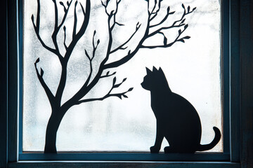 Silhouette of a cat sitting by a window with a tree branch, creating an artistic and serene composition against a softly lit background.