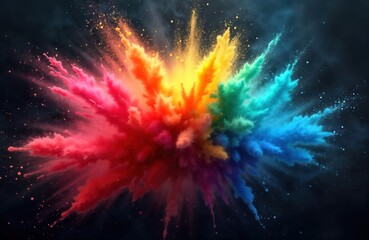 Colorful powder explosion against dark background. Vivid colors spread in dynamic burst. Rainbow hues create artistic effect. Excellent for Holi celebration abstract design projects. Modern