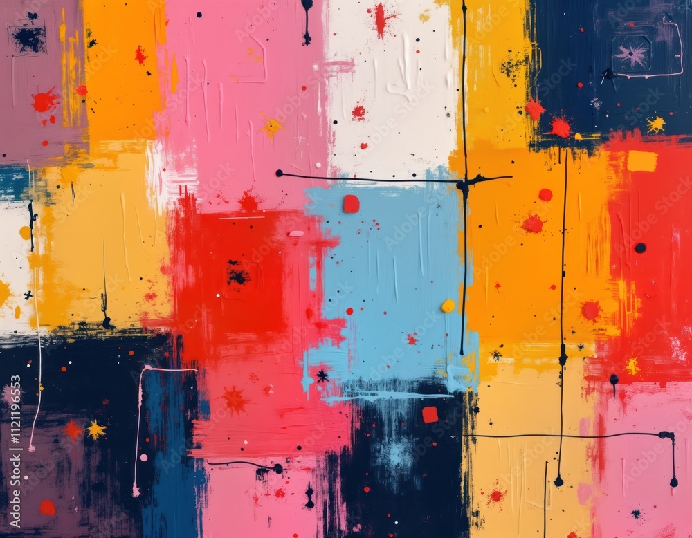 Aufkleber Abstract colorful hand-painted artwork. Vibrant blocks of color create dynamic, expressive pattern. Brushstrokes, splatters create textured surface. Ideal for modern art exhibition as design element.