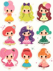 Naklejka premium Cheerful Cartoon Girl Stickers: A Diverse Hair and Costume Collection