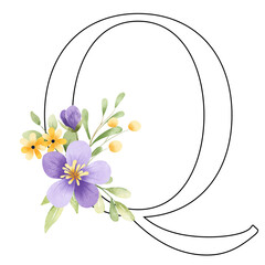 Alphabet with flowers, letter Q. Floral monogram, initial perfectly for logo, wedding invitation, greeting card, poster and other design. Digital illustration hand drawing.