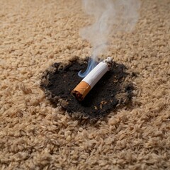 A smoldering cigarette lies on a burnt patch of beige carpet.