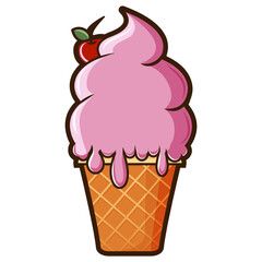 Pink ice cream in waffle cup. Appetizing ice cream vector clipart. Collage. Waffle cup with whipped cream. Concept on the theme of desserts. For prints, logos, packaging design, banners, presentations