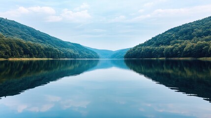Naklejka premium Tranquil reflection of nature at a scenic lake forested hills in background serene landscape peaceful environment