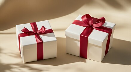 Obraz premium Red, white, green and golden christmas gift boxes wth ribbon