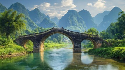 The weathered rice bridge, an ancient stone structure, spans the clear river in the middle of a mountainous region.