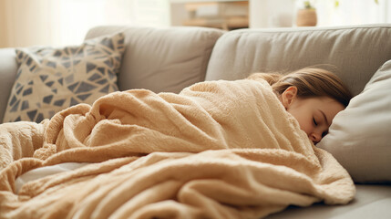 A woman is sleeping on a couch with a blanket wrapped around her