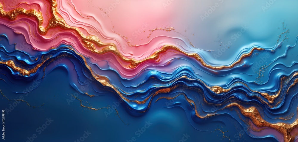 Poster abstract art background with liquid fluid texture. deep blue, gold-pink colors create luxurious desi