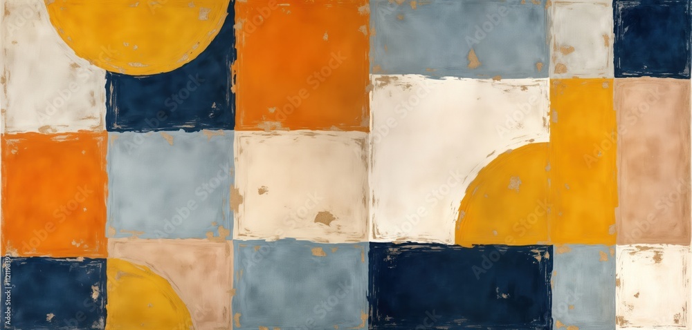 Poster abstract geometric pattern design with rustic texture. modern rug wall decor. colorful squares, circ