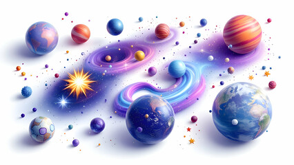 Galaxy with planets and stars isolated on white