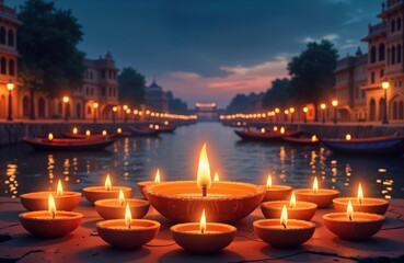 Diwali celebration illustrated abstractly. Many lit lamps diyas create warm glow. Image traditional Indian festival. Evening scene with waterway, buildings in background. Festive atmosphere with