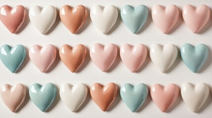 Obraz premium Colorful Heart Shapes in a Row on a Light Background, Ideal for Valentine's Day, Romantic Themes, or Celebratory Events, Perfect for Crafts, Designs, and Invitations