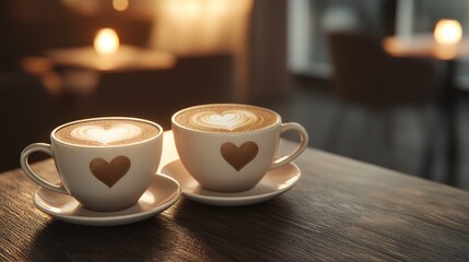 Obraz premium Two Elegant Cups of Coffee with Heart-Shaped Latte Art on a Rustic Wooden Table in a Warm, Cozy Cafe Setting with Soft Lighting