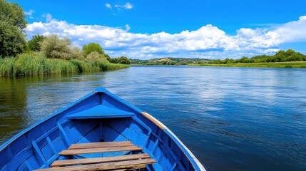 Naklejka premium Scenic View from the Bow of a Blue Wooden Boat on a Calm River