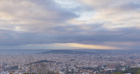 Cityscape with a cloudy sky in the background