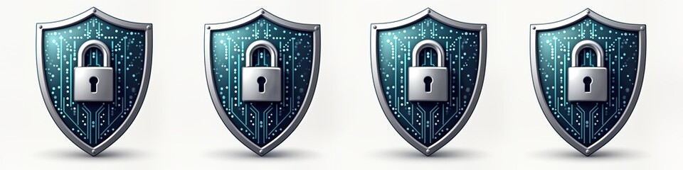 Four digital security shields show protection against cyberattacks. Modern tech illustration highlights anti-virus, firewall security. Digital graphic portrays protection symbols for data security on
