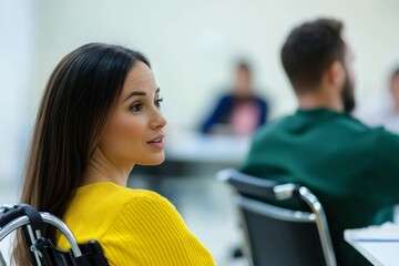 Woman in Wheelchair Attending Conference in Modern Office Setting