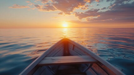 boat in calm waters, the setting sun casting a serene glow that reflects off the sea, blending warm colors across the horizon