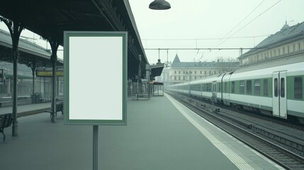 Fototapeta premium Empty Train Station Platform with Train and Blank Advertising Board