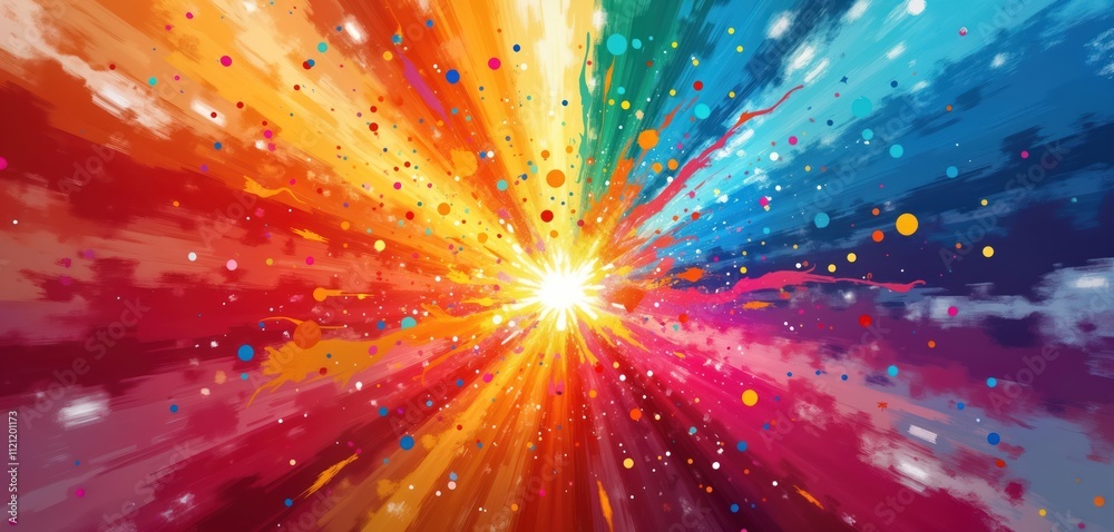 Poster Vibrant colorful explosion radiating outwards. Bright hues swirl, splash across background. Dynamic pattern of colorful streaks, dots. Fun exciting design. Ideal for imaginative projects. Looks like